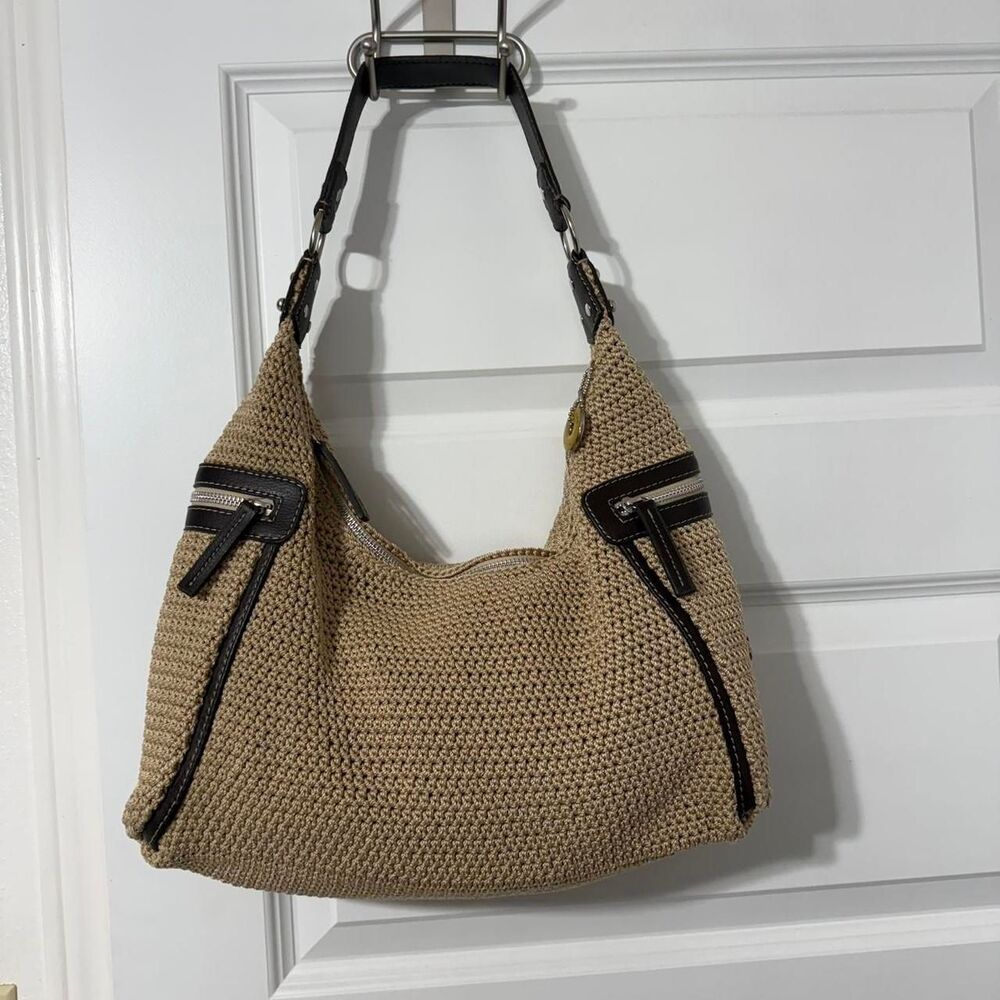 Vintage The Sak Crochet Hobo Bag Tightweave Tan Green Y2k
